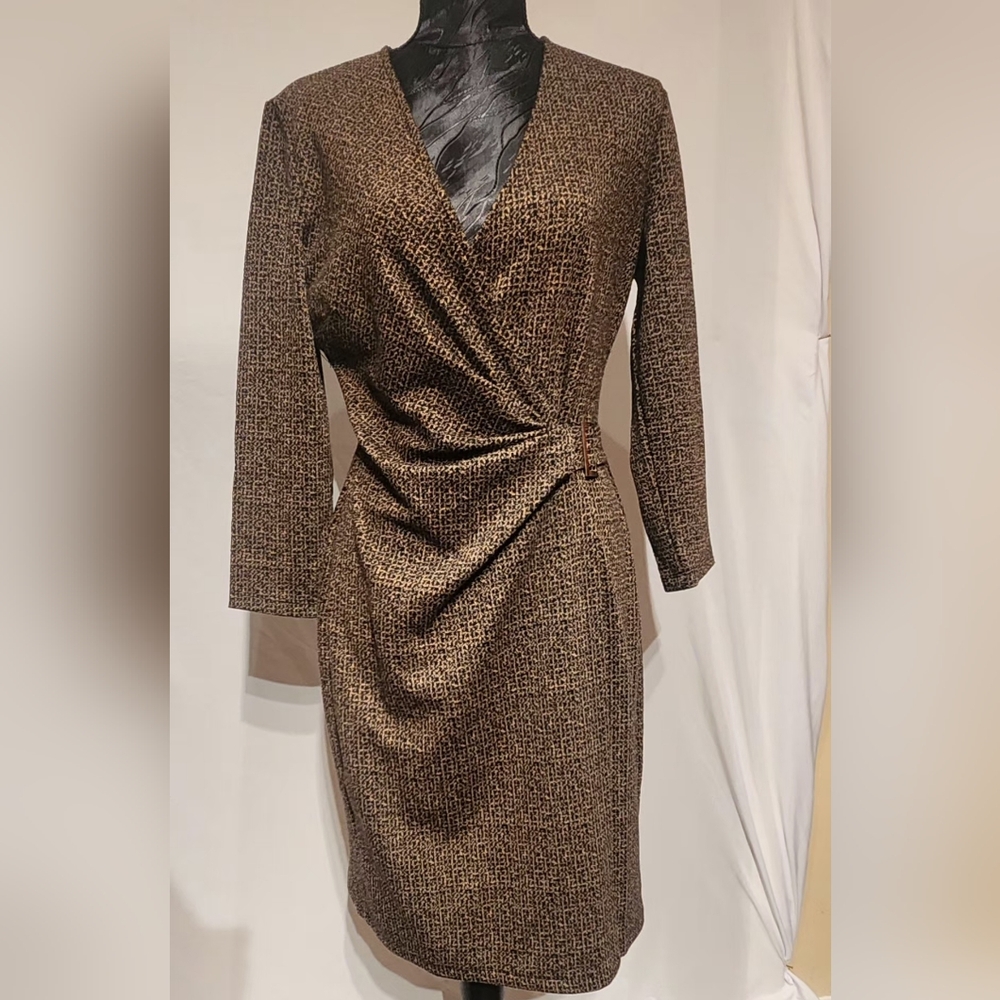 Calvin Klein Faux Wrap Sheath Dress In Brown And Black Size 4 - Picture 2 of 10